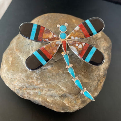 Zuni Wild Horse Turquoise Inlay Dragonfly Pin Pendant | Sterling Silver | 2077