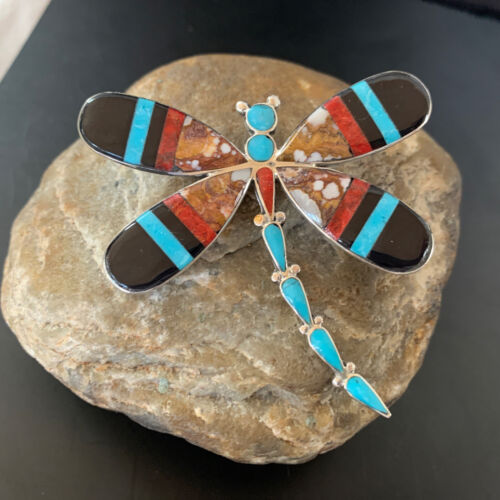 Zuni Wild Horse Turquoise Inlay Dragonfly Pin Pendant | Sterling Silver | 2077