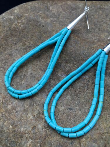 Native American Blue Turquoise Heishi Dangle Earrings | Liquid Sterling Silver | 4372