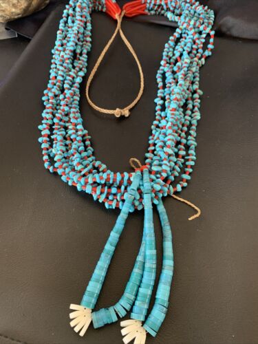 Southwestern Santo Domingo Red Coral Blue Turquoise Necklace | 10 Strand | 40" | 12046