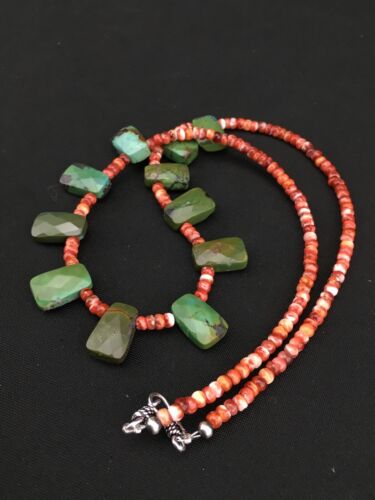 Spiny Oyster & Faceted Turquoise Navajo Sterling Silver Necklace | 20" | Teardrop | 4917 - Masha USA