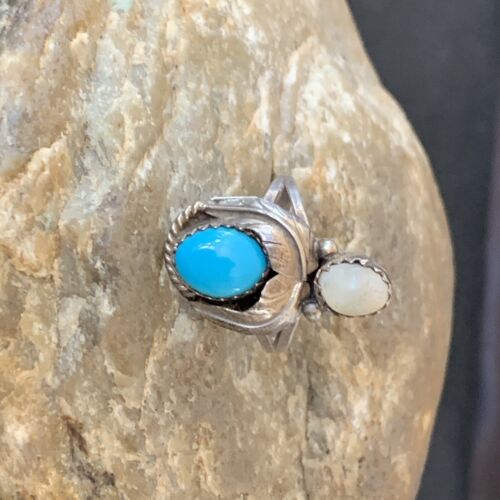 Navajo Blue Turquoise Moonstone Ring | Authentic Native American Sterling Silver | Multi-Stone | Sz 6.5 | 10770