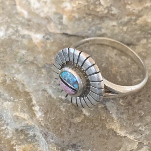Southwestern Women's Navajo Blue Turquoise Pink Coral Inlay Ring | Sz 7 | 11168