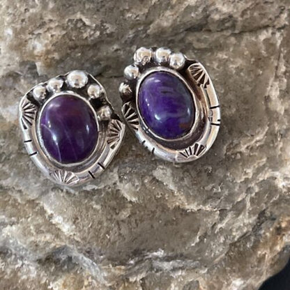 Navajo Sugilite Earrings | Sterling Silver Post Stud | Authentic Native American Handmade | 0.5" | 2069