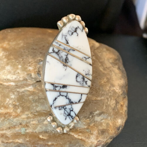 Navajo White Buffalo Turquoise Inlay Ring | Sterling Silver | Sz 7 | Authentic Native American Handmade | 12175