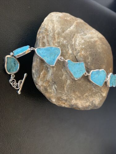Navajo Blue Kingman Turquoise Rough Link Bracelet | Sterling Silver | 8" | 11649