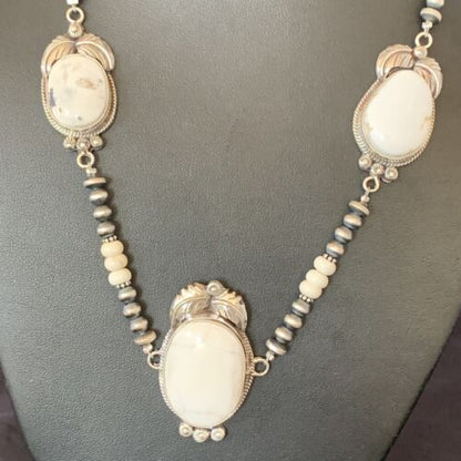 Navajo Pearls White Buffalo Turquoise Necklace Pendant | Sterling Silver | Authentic Native American Handmade | 10804 - Masha USA