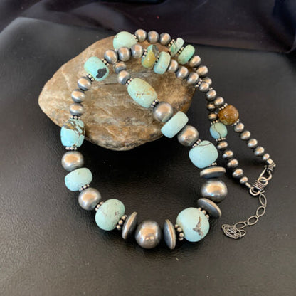 Navajo Pearl Dry Creek Turquoise Beads Necklace | Sterling Silver | 21" | Authentic Native American Handmade | 10978