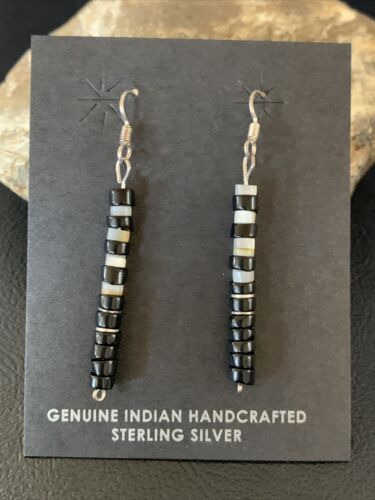 Navajo Black Onyx White Mother of Pearl Earrings | Sterling Silver | 1.5" | Authentic Native American Handmade | 13056