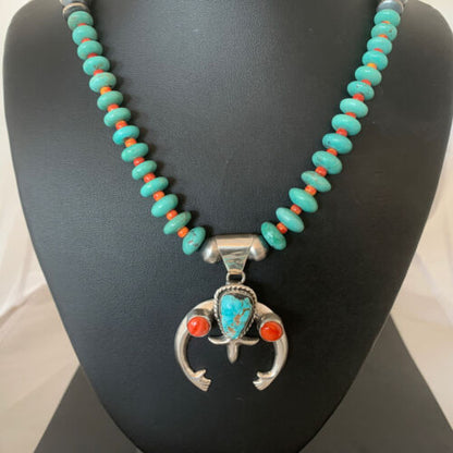 Navajo Pearls Sterling Silver Necklace | Blue Turquoise & Spiny Oyster Naja Pendant | Authentic Native American Handmade | 02059