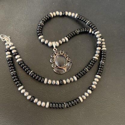 Navajo Pearl Black Onyx Necklace with Pendant | Sterling Silver | 22" | Authentic Native American Handmade | 12279