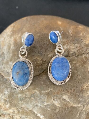 Navajo Denim Lapis Dangle Earrings | Sterling Silver | 1.1" | Authentic Native American Handmade | 1699