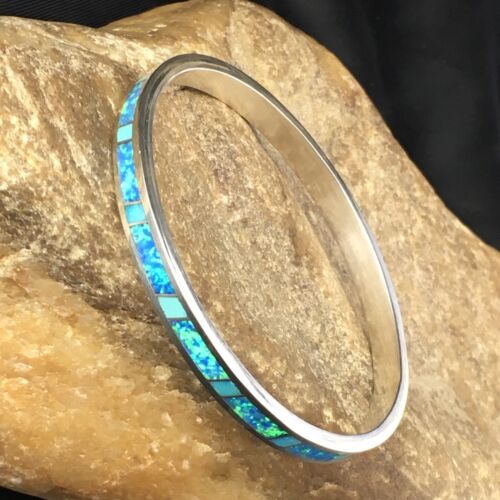 Navajo Blue Opal Inlay Bracelet | Sterling Silver | 8"  Bangle | Authentic Native American Handmade | 10195
