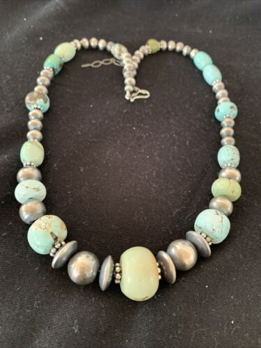 Sterling Silver Navajo Pearls Necklace | Dry Creek Turquoise Beads | Native American Handmade |21" | 01387