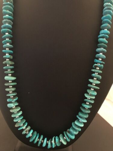 Santo Domingo Kingman Turquoise Necklace | Sterling Silver | 21" | Authentic Native American Handmade | 3996 - Masha USA