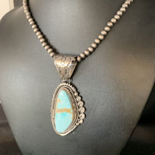 Men's Blue Royston Turquoise Pendant | Sterling Silver | 3" | Authentic Native American Handmade | 13938
