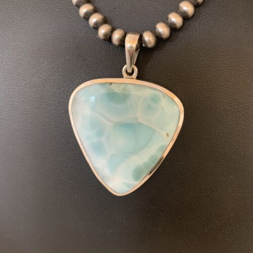 Navajo Blue Larimar Pendant Necklace | Sterling Silver Beads | Authentic Native American Handmade | 1764