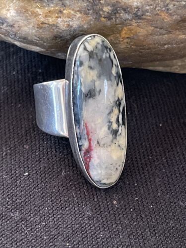 Southwestern Navajo White Black Cinnabrite Ring | Sterling Silver | Sz 7 | 1566