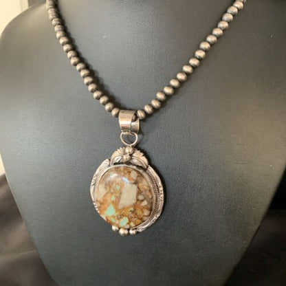 Men's Navajo Boulder Turquoise Pendant Necklace | Sterling Silver | Authentic Native American Handmade | 13658