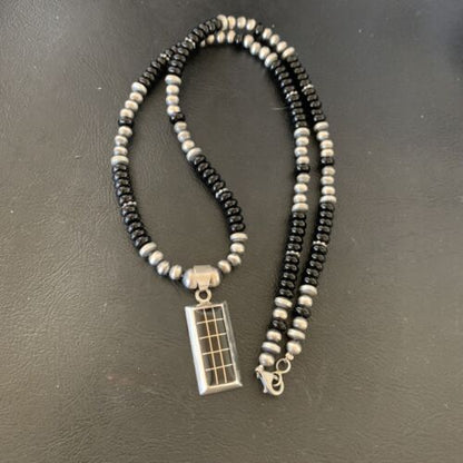Navajo Black Onyx Inlay Pendant | Sterling Silver Necklace with Pearls | Authentic Native American Handmade | 12282