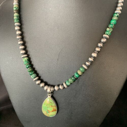 Navajo Pearls Green Mojave Turquoise Pendant Necklace | Sterling Silver | Native American Handmade | 13463
