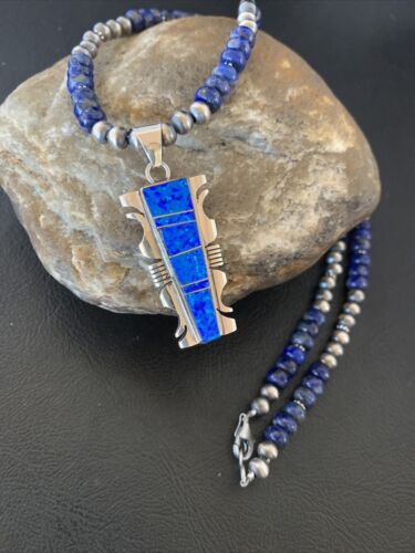 Navajo Pearls Necklace Blue Lapis Opal Inlay Pendant | Sterling Silver | Native American Handmade | 11804