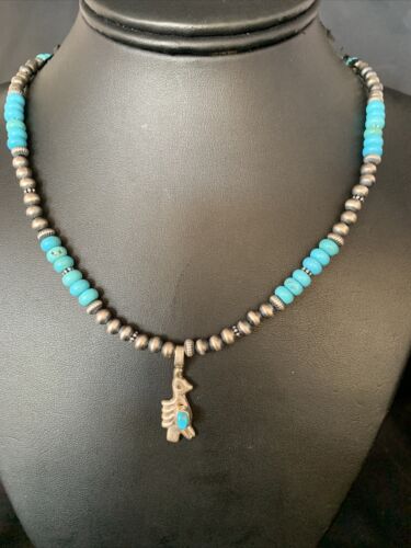 Navajo Blue Turquoise Inlay Pendant Necklace | Sterling Silver | Native American Handmade | 13837