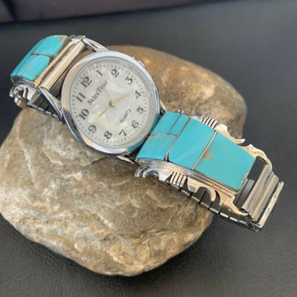 Navajo Men's Watch Tips | Sterling Silver & Turquoise Inlay | Authentic Native American Jewelry | 2094