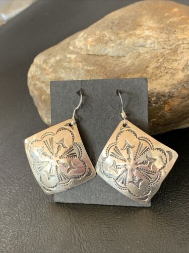 Native American Women's Dangle Earrings | Navajo Sterling Silver Stamped Handmade | 1656