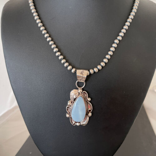 Native American Men's Necklace | Navajo Sterling Silver Beads with Blue Larimar Pendant | 01364