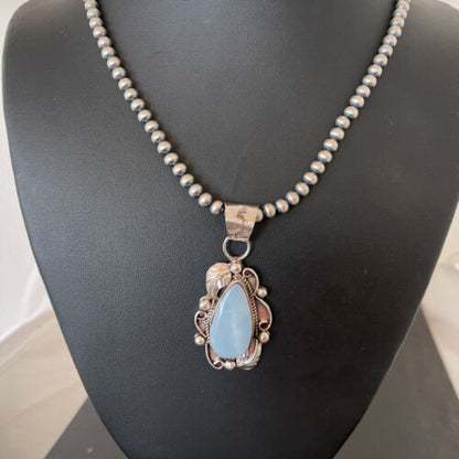 Native American Men's Necklace | Navajo Sterling Silver Beads with Blue Larimar Pendant | 01364
