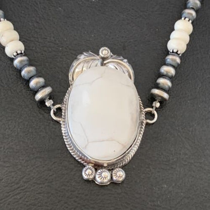 Navajo Pearls White Buffalo Turquoise Necklace Pendant | Sterling Silver | Authentic Native American Handmade | 10804 - Masha USA