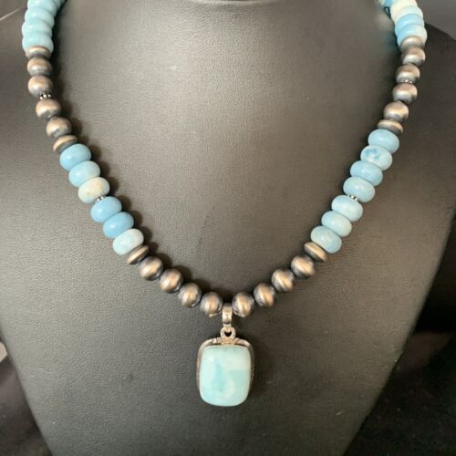 Men's Navajo Sterling Silver Necklace | Blue Larimar Pendant 10mm | Natural | 14003