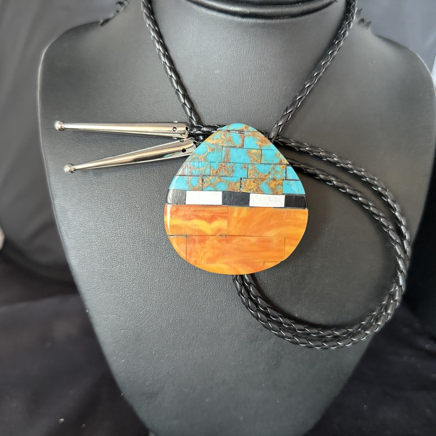Men's Bolo Tie | Turquoise & Orange Spiny Oyster | Sterling Silver Tips | 14628