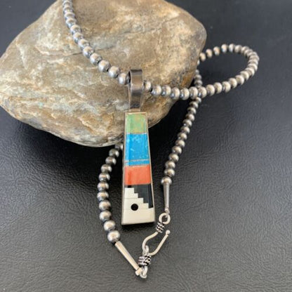 Navajo Old Pawn Mother of Pearl Turquoise Spiny Inlay Pendant Necklace | Sterling Silver | 10698