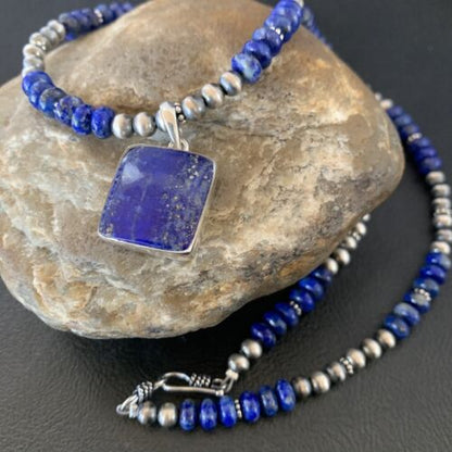 Native American Navajo Blue Lapis Pendant Necklace | Sterling Silver | Authentic Handmade | 11671 - Masha USA