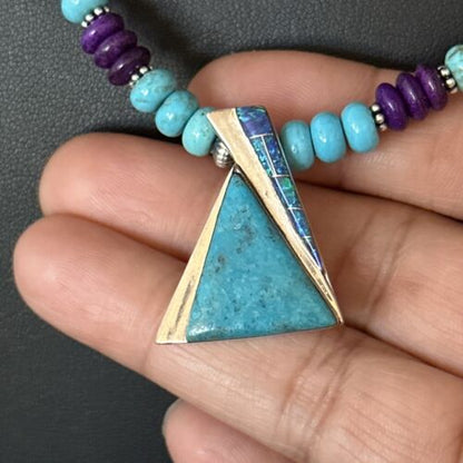 Navajo Blue Turquoise Sugilite Pendant | Sterling Silver Inlay Necklace | Authentic Native American Handmade | 14642