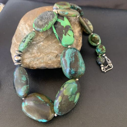Navajo Sterling Silver Graduated Green Nugget Turquoise Necklace | Authentic Native American | 21" | 10724