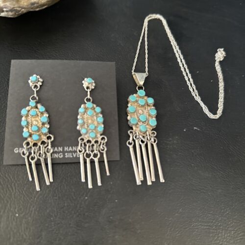 Native American Zuni Kingman Turquoise Necklace Pendant Earrings Set | Sterling Silver | 14487