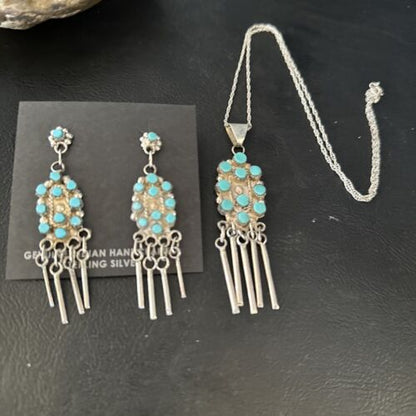 Native American Zuni Kingman Turquoise Necklace Pendant Earrings Set | Sterling Silver | 14487