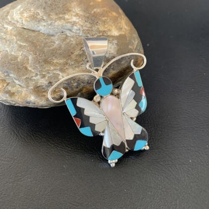 Zuni Blue Turquoise Coral Butterfly Inlay Pendant | Sterling Silver Necklace | Authentic Native American Inlay | 11967 - Masha USA