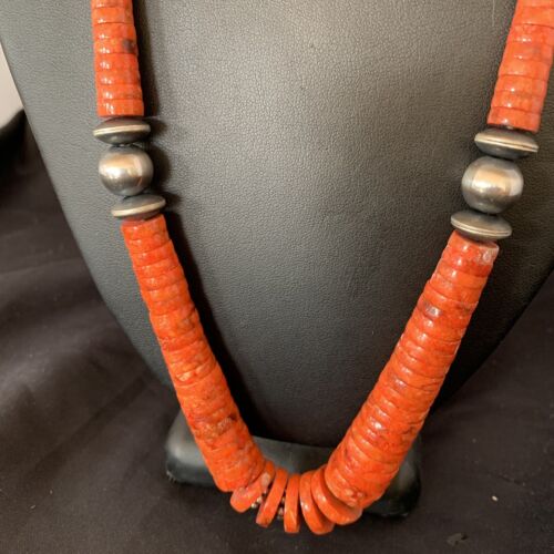 Navajo Apple Sponge Coral Bead Graduated Necklace | Sterling Silver | Authentic Native American | 25" | 11752