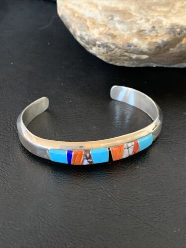 Navajo White Buffalo Turquoise Spiny Opal Inlay Bracelet | Sterling Silver | Authentic Native American Handmade | 12239 - Masha USA