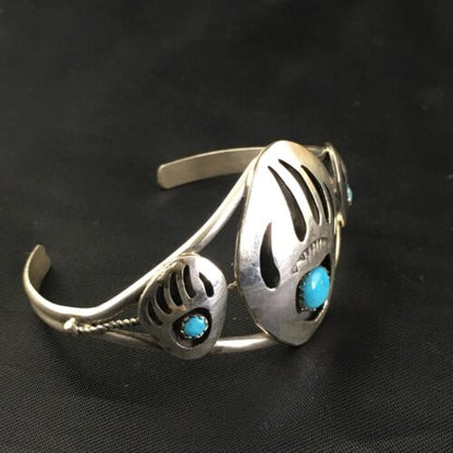 Navajo Turquoise Bear Paw Cuff Bracelet | Sterling Silver | Authentic Native American Handmade | 10242