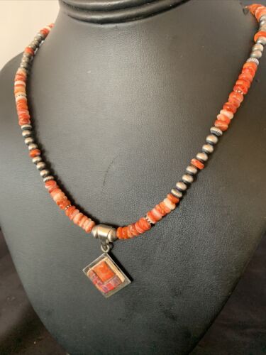 Navajo Pearls Red Spiny Oyster Opal Inlay Pendant Necklace | Sterling Silver | 22" | 12705