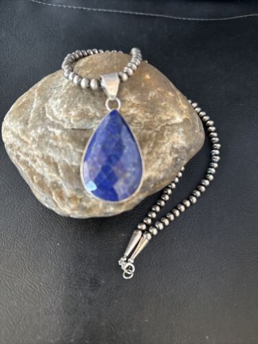 Men's Navajo Pearls Necklace with Faceted Lapis Pendant | Sterling Silver | Authentic Native American Handmade | 14469