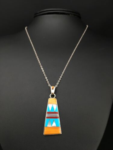 Navajo Multi-Stone Inlay Pendant Necklace & Earrings Set | Sterling Silver | Authentic Native American Handmade | 4741