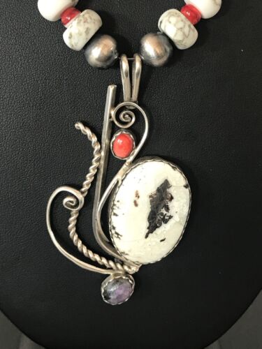 Navajo White Turquoise & Spiny Oyster Pendant Necklace | Authentic Native American Sterling Silver | Multi-Stone | 8645