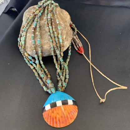 Native American Santo Domingo Shell Green Turquoise Necklace | 5 Strand | 38" | 12055 - Masha USA