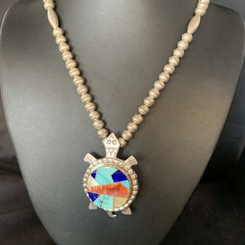 Turtle Inlay Pendant | Navajo Lapis Turquoise Sterling Necklace 24" | Handmade Southwestern Jewelry | 13680